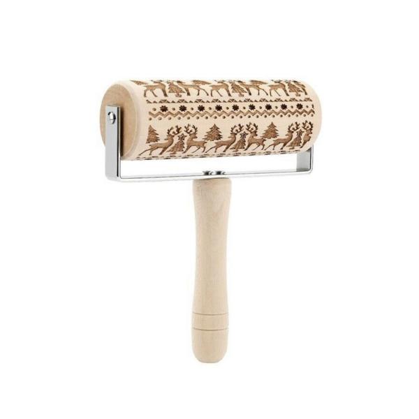 Engraved Elk Pattern Wooden Rolling Pin – Non-Stick Beechwood Pastry Roller with Handles for Baking Cookies, Fondant, and Pastries