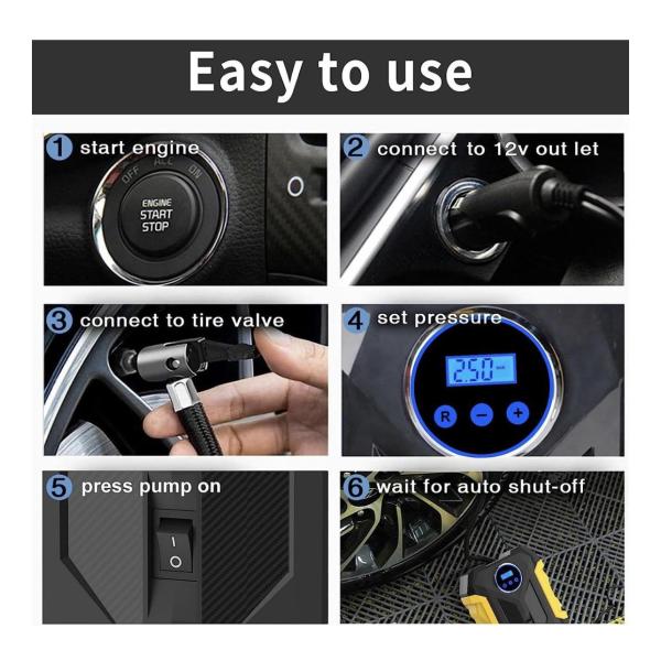 12 V Digital Tire Inflator & LED Light Air Compressor with 2‑Ring Key Holder – Auto Shut‑Off, PSI/BAR Display